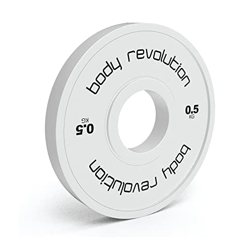 Fraktionsgewicht in Weiß mit schwarzem Schriftzug, 0,5 kg, rund und flach, ideal für präzises Training und Gewichtsanpassungen