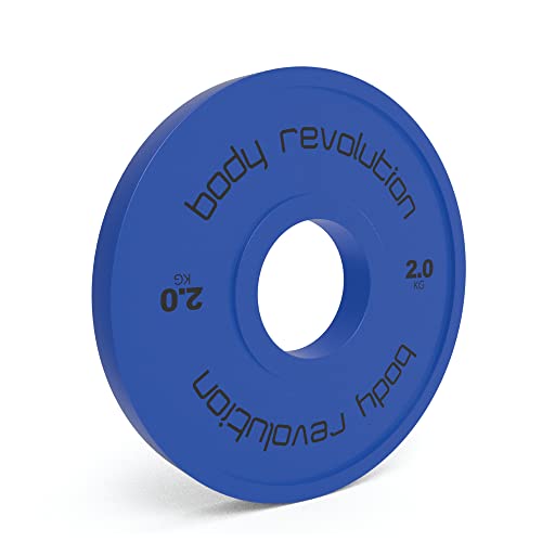 Blauer Fraktionsgewicht mit einem Durchmesser von 20 cm und einer Dicke von 2 cm, beschriftet mit "body revolution" und 2,0 kg Gewicht