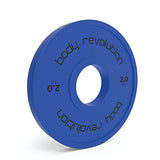Blauer Fraktionsgewicht mit einem Durchmesser von 20 cm und einer Dicke von 2 cm, beschriftet mit "body revolution" und 2,0 kg Gewicht
