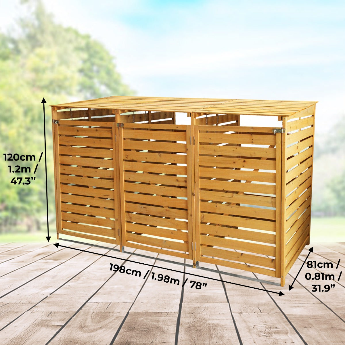 Mülltonnenverkleidung aus hellem Holz mit horizontalen Lamellen, bietet Platz für drei Mülltonnen, Maße 198 cm x 120 cm x 81 cm, ideal für den Außenbereich
