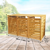 Mülltonnenverkleidung aus hellem Holz mit horizontalen Lamellen, bietet Platz für drei Mülltonnen, Maße 198 cm x 120 cm x 81 cm, ideal für den Außenbereich