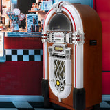 Retro 50er Jahre Jukebox in Holzoptik mit glänzenden Chromdetails, bunten Lichtern und einem nostalgischen Design, ideal für Musikliebhaber