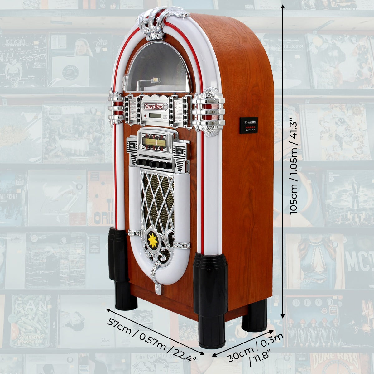 Retro 50er Jahre Jukebox in Holzoptik mit glänzenden Chromdetails, 105 cm hoch, 57 cm breit, 30 cm tief, ideal für nostalgische Musikliebhaber