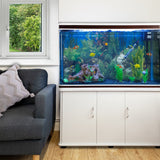 300L Aquarium Komplettset mit Unterschrank, blauer Kies, lebendige Pflanzen und bunte Fische, elegant neben einem grauen Sofa platziert