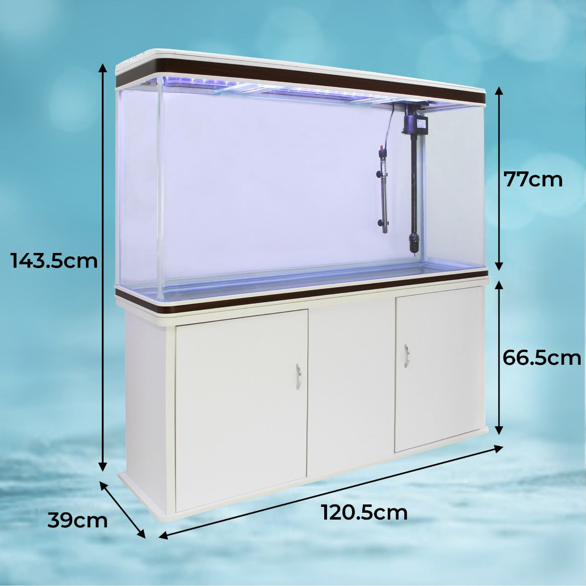 300L Aquarium Komplettset mit Unterschrank in Weiß, blauer Kiesboden, transparentem Glas, Maße: 143,5 cm hoch, 120,5 cm breit, 39 cm tief, ideal für Aquarienliebhaber