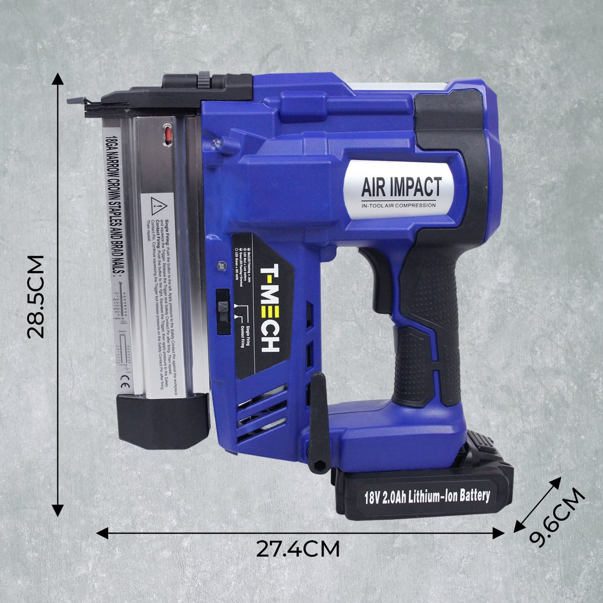 T-Mech Elektrotacker in Blau mit ergonomischem Griff, Lithium-Ionen-Batterie, Maßstab und robustem Gehäuse für präzises Nageln und Heften