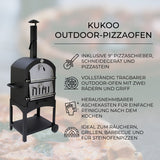Schwarzer KuKoo Outdoor-Pizzaofen mit zwei Rädern, herausnehmbarer Aschenkasten und Pizzaschneider, ideal zum Grillen und Räuchern