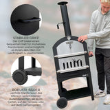 Schwarzer KuKoo Outdoor Pizzaofen mit stabilen Griffen und robusten Rädern, ideal für den Garten oder Camping, aus Edelstahl und hitzebeständigem Material