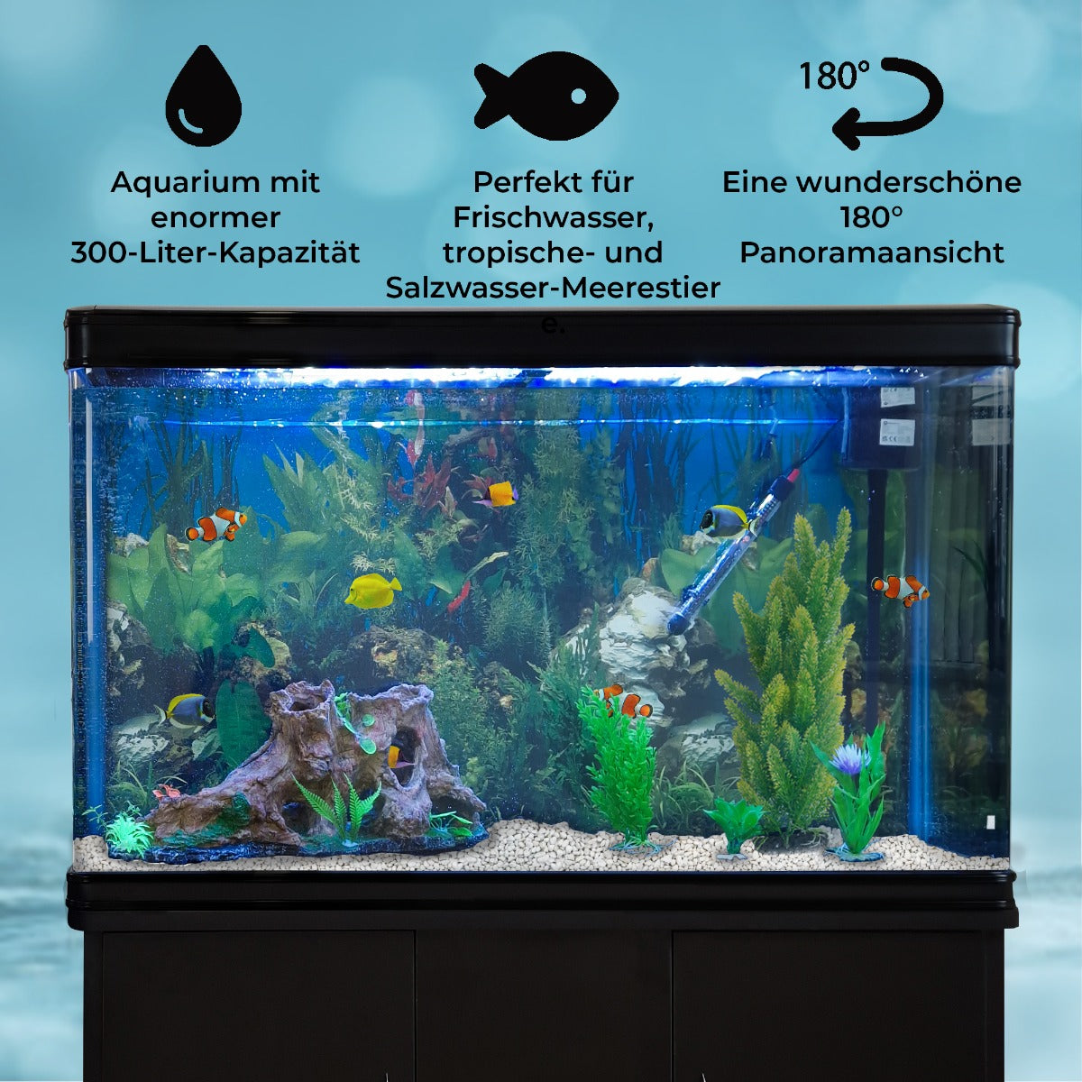 Schwarzes 300-Liter-Aquarium mit weißem Kies, lebendigen Pflanzen, bunten Fischen und einer 180°-Panoramasicht, ideal für Süß- und Salzwasser