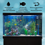 Schwarzes 300-Liter-Aquarium mit weißem Kies, lebendigen Pflanzen, bunten Fischen und einer 180°-Panoramasicht, ideal für Süß- und Salzwasser