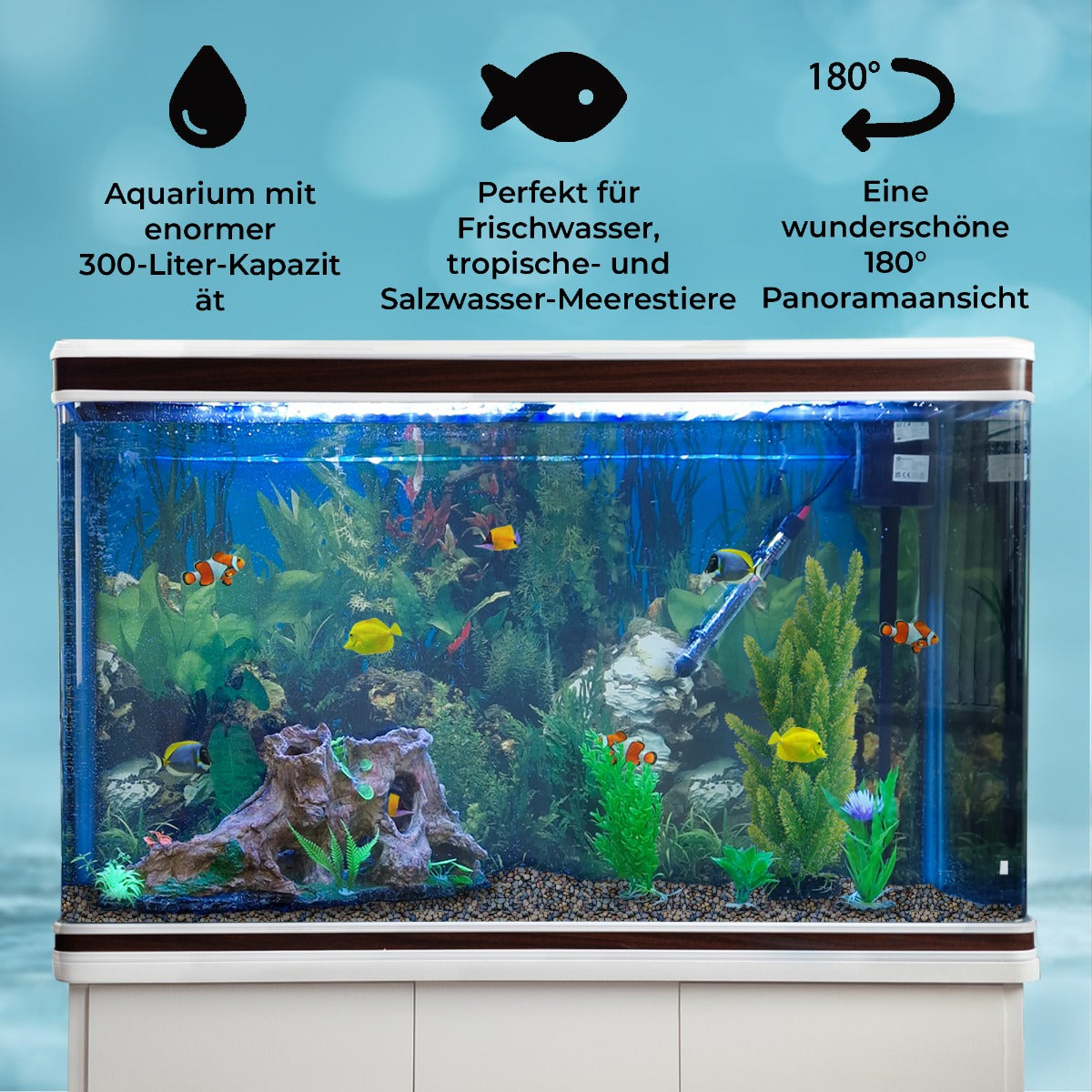 300L Aquarium Komplettset in Weiß mit Unterschrank, lebendige Pflanzen, bunte Fische und dekorative Steine, ideal für Süß- und Salzwasser