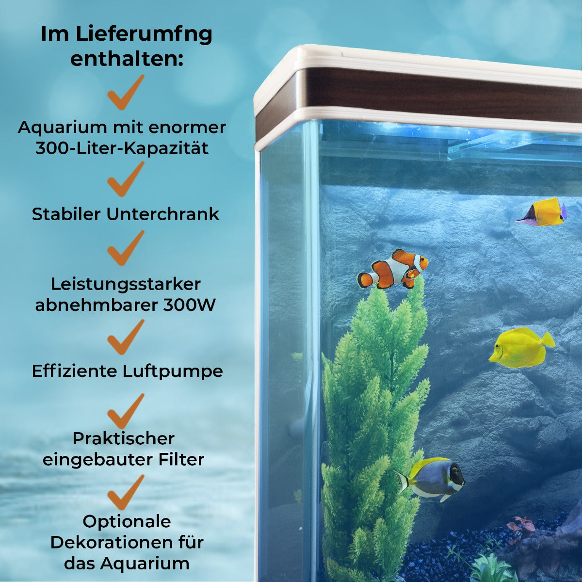 300L Aquarium Komplettset in Weiß mit stabiler Unterschrank, klaren Wänden, lebendigen Pflanzen und bunten Fischen, ideal für Aquarienliebhaber