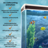 300L Aquarium Komplettset in Weiß mit stabiler Unterschrank, klaren Wänden, lebendigen Pflanzen und bunten Fischen, ideal für Aquarienliebhaber