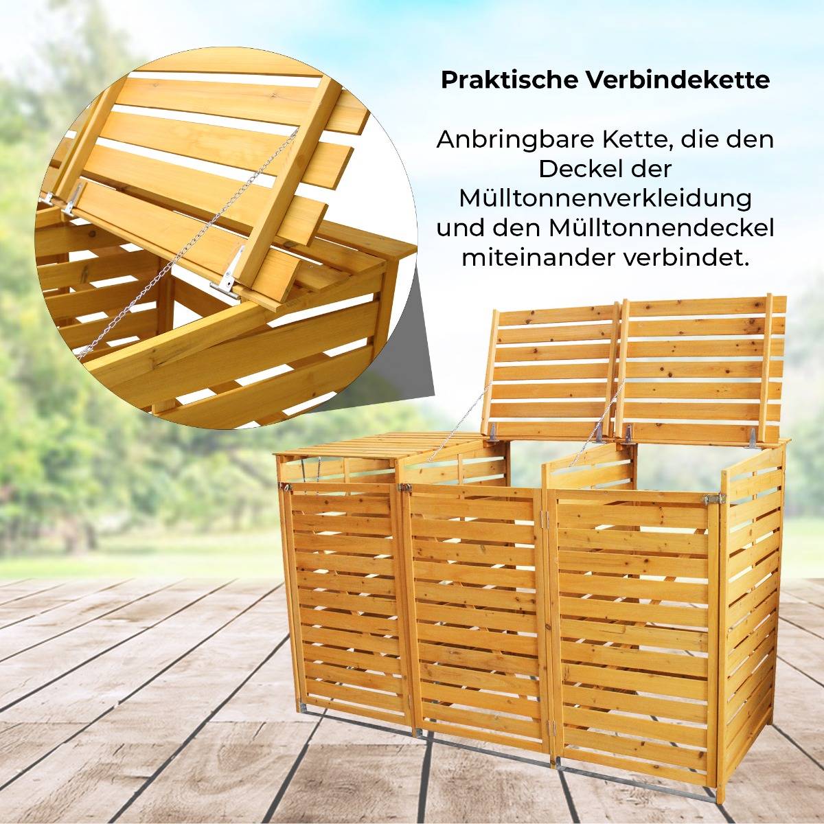 Mülltonnenverkleidung aus hellem Holz mit drei Fächern, verstellbaren Deckeln und praktischen Verbindungsketten, ideal für die Gartenorganisation