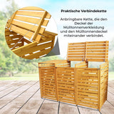 Mülltonnenverkleidung aus hellem Holz mit drei Fächern, verstellbaren Deckeln und praktischen Verbindungsketten, ideal für die Gartenorganisation