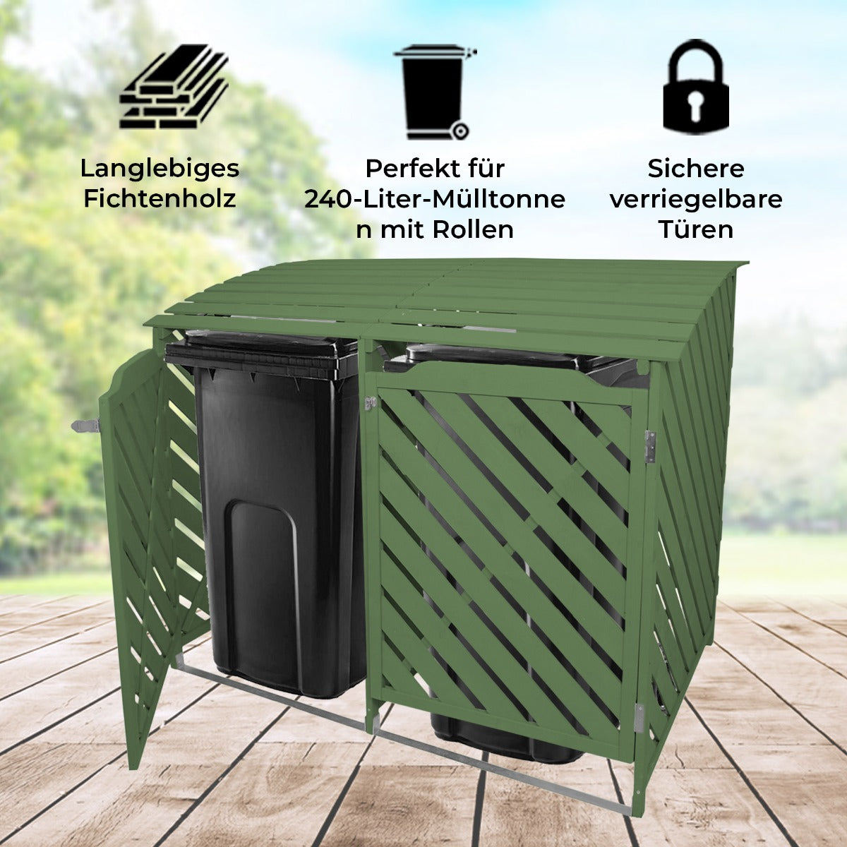 Mülltonnenbox aus langlebigem, salbeigrünem Fichtenholz für zwei 240-Liter-Mülltonnen, mit sicheren, verriegelbaren Türen und modernem Design
