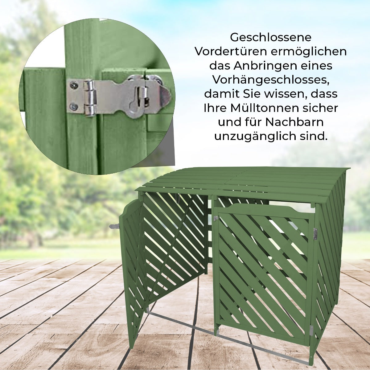 Mülltonnenbox aus salbeigrünem Holz mit geschlossenen Vorderteilen, die Sicherheit und Sichtschutz für zwei Mülltonnen bieten, im modernen Design