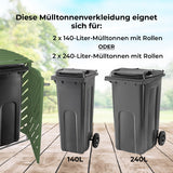 Mülltonnenbox aus salbeigrünem Holz, passend für zwei Mülltonnen mit Rollen, zeigt eine moderne, praktische Lösung für den Garten