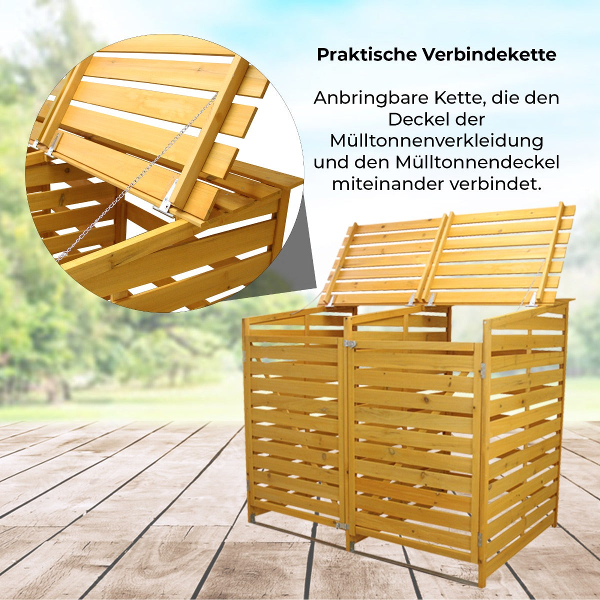 Mülltonnenverkleidung aus hellem Holz mit vertikalen Lamellen, bietet Platz für zwei Mülltonnen und hat eine praktische Verbindungskette für die Deckel