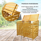 Mülltonnenverkleidung aus hellem Holz mit vertikalen Lamellen, bietet Platz für zwei Mülltonnen und hat eine praktische Verbindungskette für die Deckel