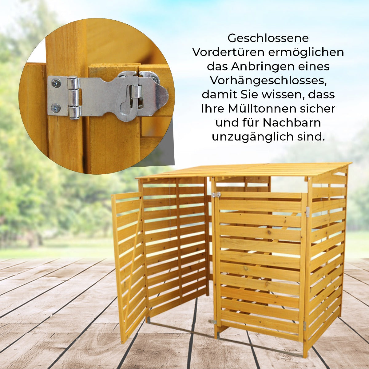 Mülltonnenverkleidung aus hellem Holz mit geschlossenen Vorderüren, stabilen Scharnieren und Platz für zwei Mülltonnen, ideal für den Garten