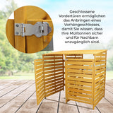 Mülltonnenverkleidung aus hellem Holz mit geschlossenen Vorderüren, stabilen Scharnieren und Platz für zwei Mülltonnen, ideal für den Garten