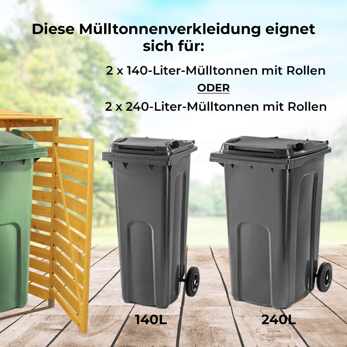 Mülltonnenverkleidung aus hellem Holz, passend für zwei Mülltonnen (140L oder 240L) mit Rollen, bietet eine ansprechende und praktische Lösung zur Abfallverkleidung