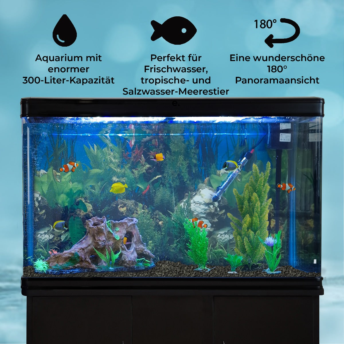 300L Aquarium Komplettset mit schwarzem Kies, lebhaften Pflanzen, bunten Fischen und einem eleganten Unterschrank für frisches und Salzwasser