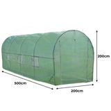 Transparenter Polytunnel aus grünem, strapazierfähigem Material, 5m lang und 2m hoch, mit mehreren Belüftungsfenstern für optimale Luftzirkulation