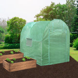 Transparenter Polytunnel aus 19mm dickem Material, 3m x 2m, mit Fenster, umgeben von Hochbeeten mit grünen Pflanzen und üppiger Vegetation