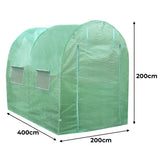 Grüner Polytunnel aus 25 mm dickem Material, 4 m lang und 2 m hoch, mit zwei Fenstern und Regalen für Pflanzen, ideal für Gartenanbau