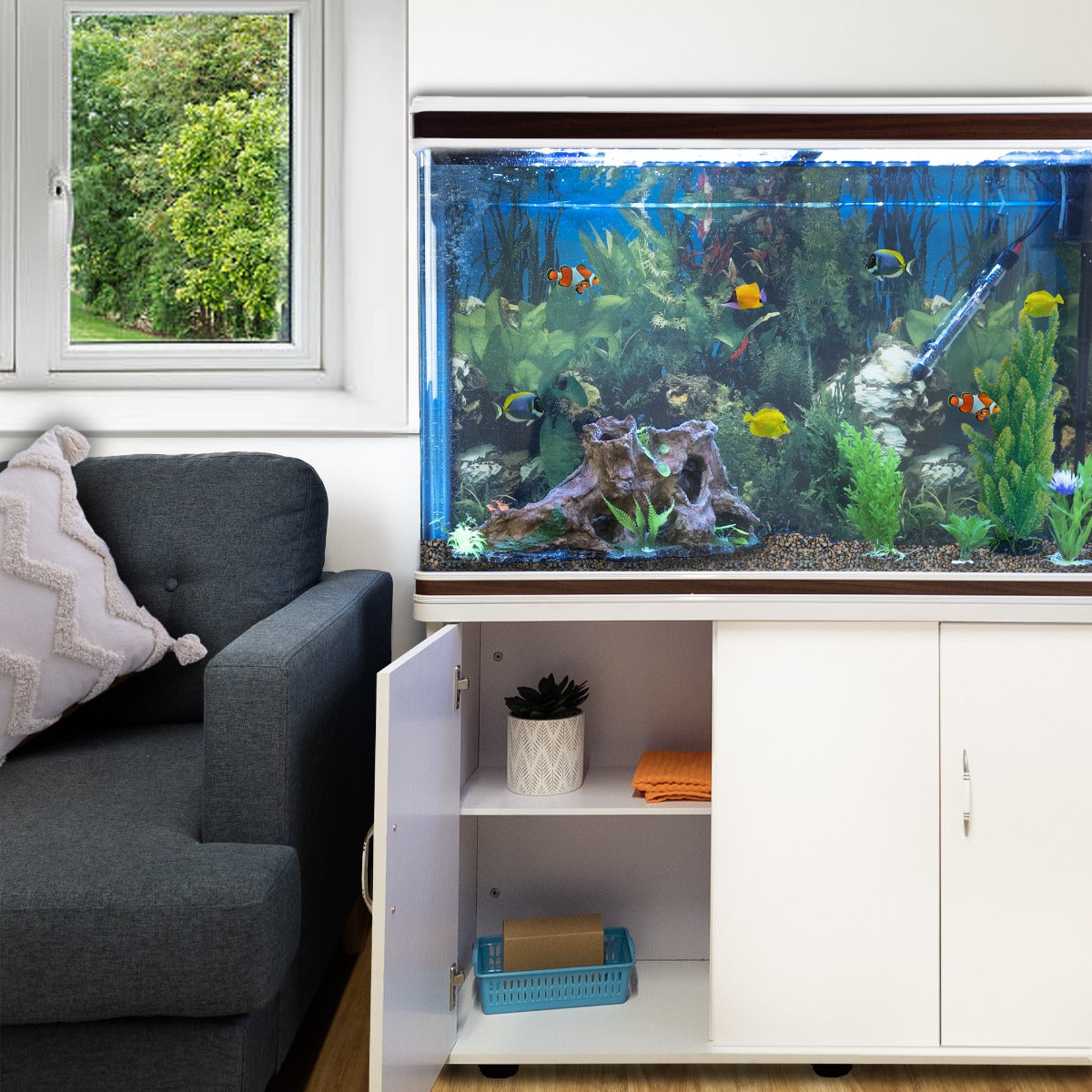 300L Aquarium Komplettset in Weiß mit Unterschrank, lebendige Fische, bunte Pflanzen und natürlicher Dekoration, ideal für Wohnräume