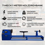 T-Mech Holz-Drechselbank in leuchtendem Blau mit robustem Metallrahmen, verstellbarem Handrad und technischen Spezifikationen für präzises Drechseln