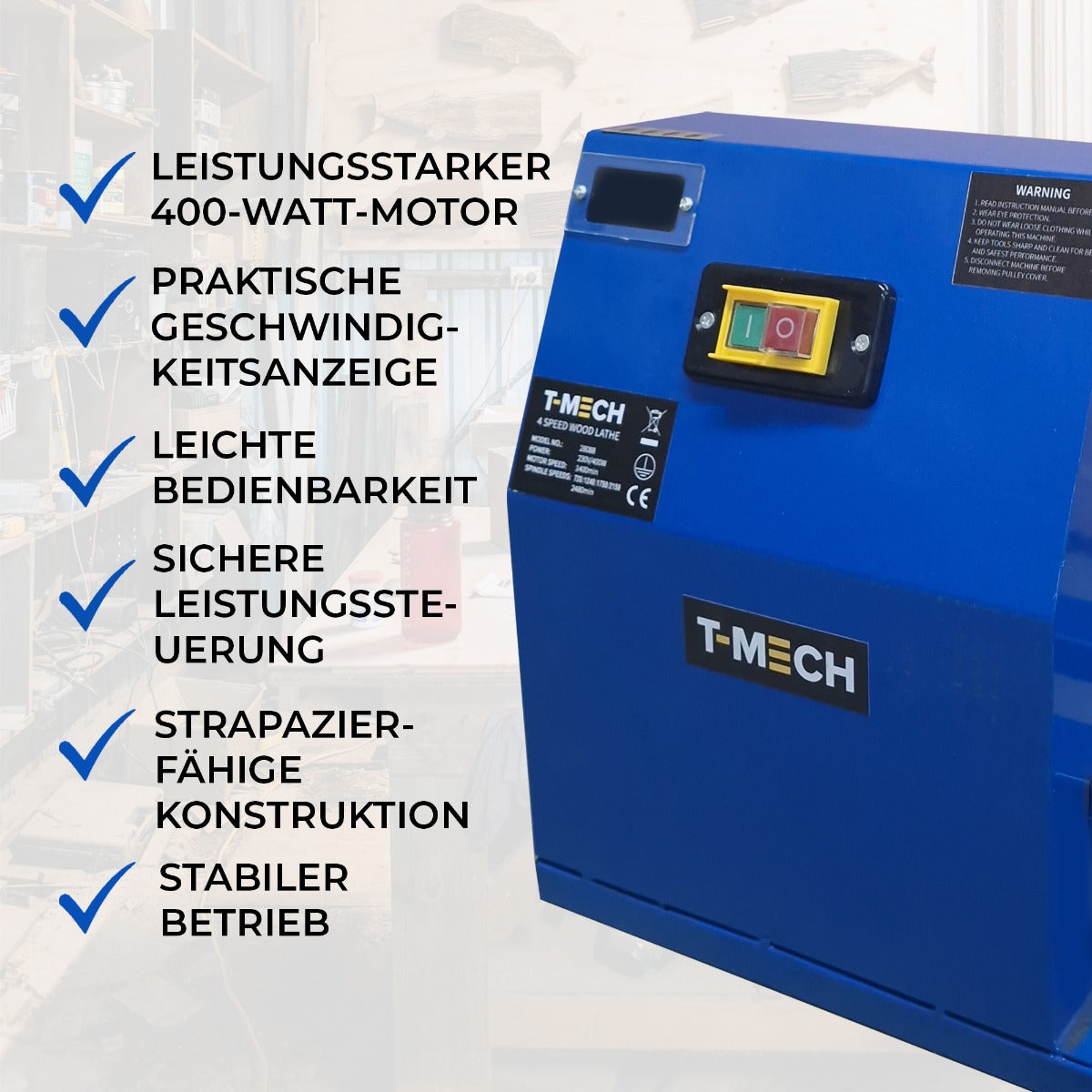Drechselbank T-Mech mit blauem Gehäuse, 400-Watt-Motor, Geschwindigkeitsanzeige, stabiler Konstruktion und benutzerfreundlichem Design
