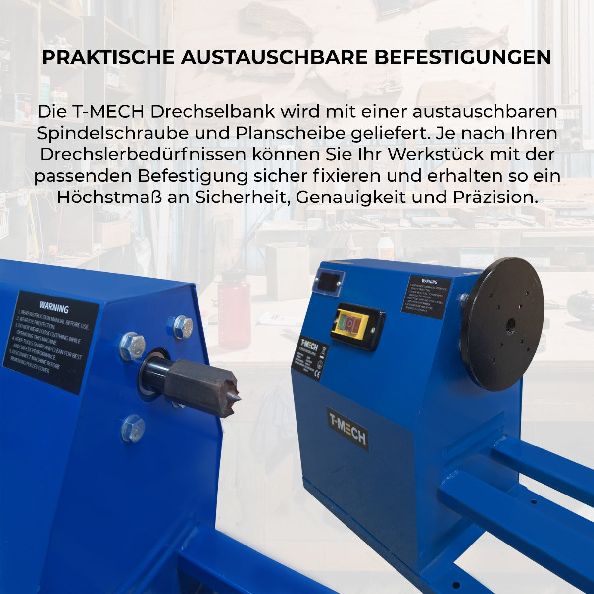 T-Mech Drechselbank in leuchtendem Blau mit austauschbaren Befestigungen, Spindelschraube und Planscheibe für präzises Drechseln und Sicherheit