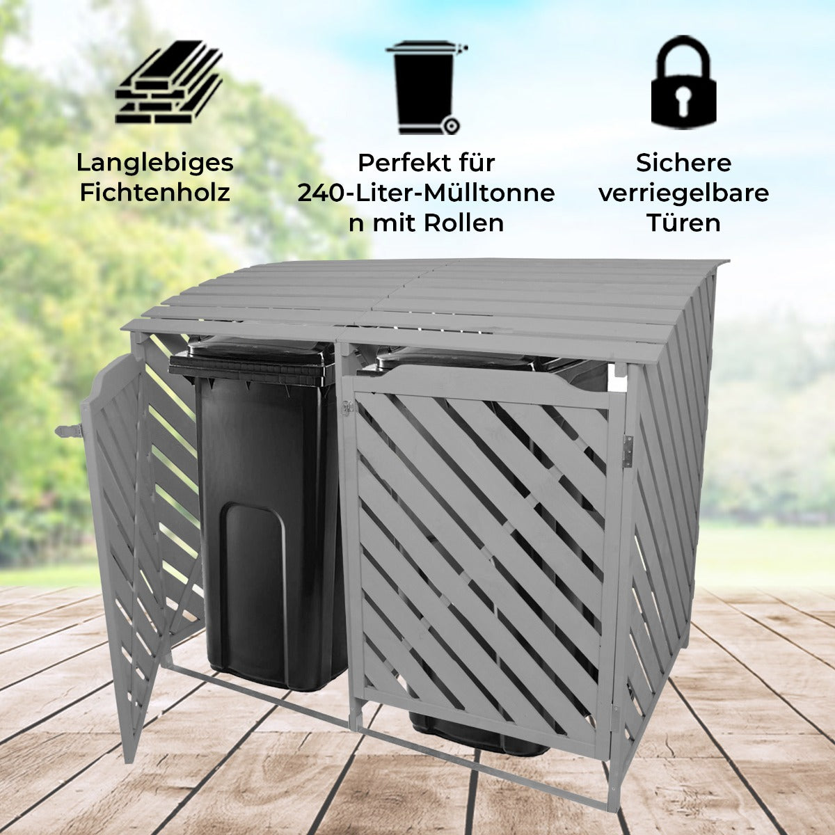 Mülltonnenverkleidung aus grau gewaschenem Fichtenholz, bietet Platz für zwei 240-Liter-Tonnen, mit sicheren, verriegelbaren Türen und modernem Design