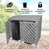 Mülltonnenverkleidung aus grau gewaschenem Fichtenholz, bietet Platz für zwei 240-Liter-Tonnen, mit sicheren, verriegelbaren Türen und modernem Design
