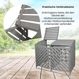 Mülltonnenverkleidung für zwei 240L Tonnen in grau gewaschenem Holz, mit schrägen Lamellen und praktischer Kette zur Deckelverbindung