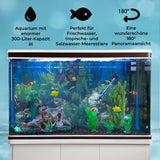 Aquarium mit 300-Liter-Kapazität, weißem Unterschrank, schwarzem Kies, bunten Fischen und lebendiger Pflanzenlandschaft, ideal für Süß- und Salzwasser