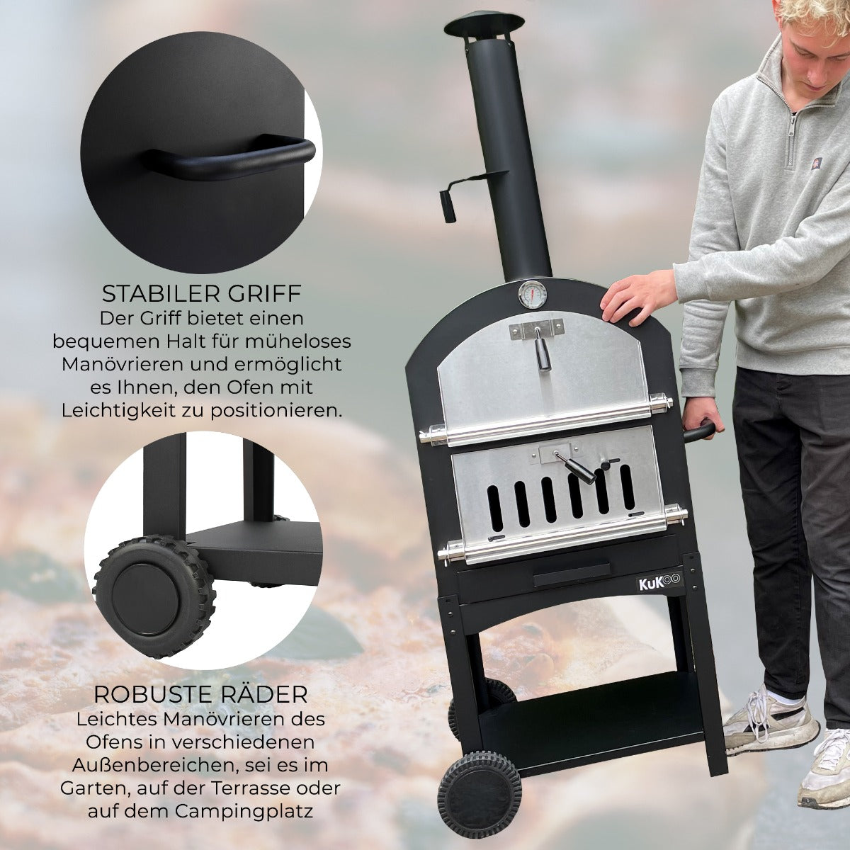 Schwarzer KuKoo Outdoor Pizzaofen mit Edelstahlfront, stabilen Griffen und robusten Rädern, ideal für Garten und Terrasse, wetterfest und mobil