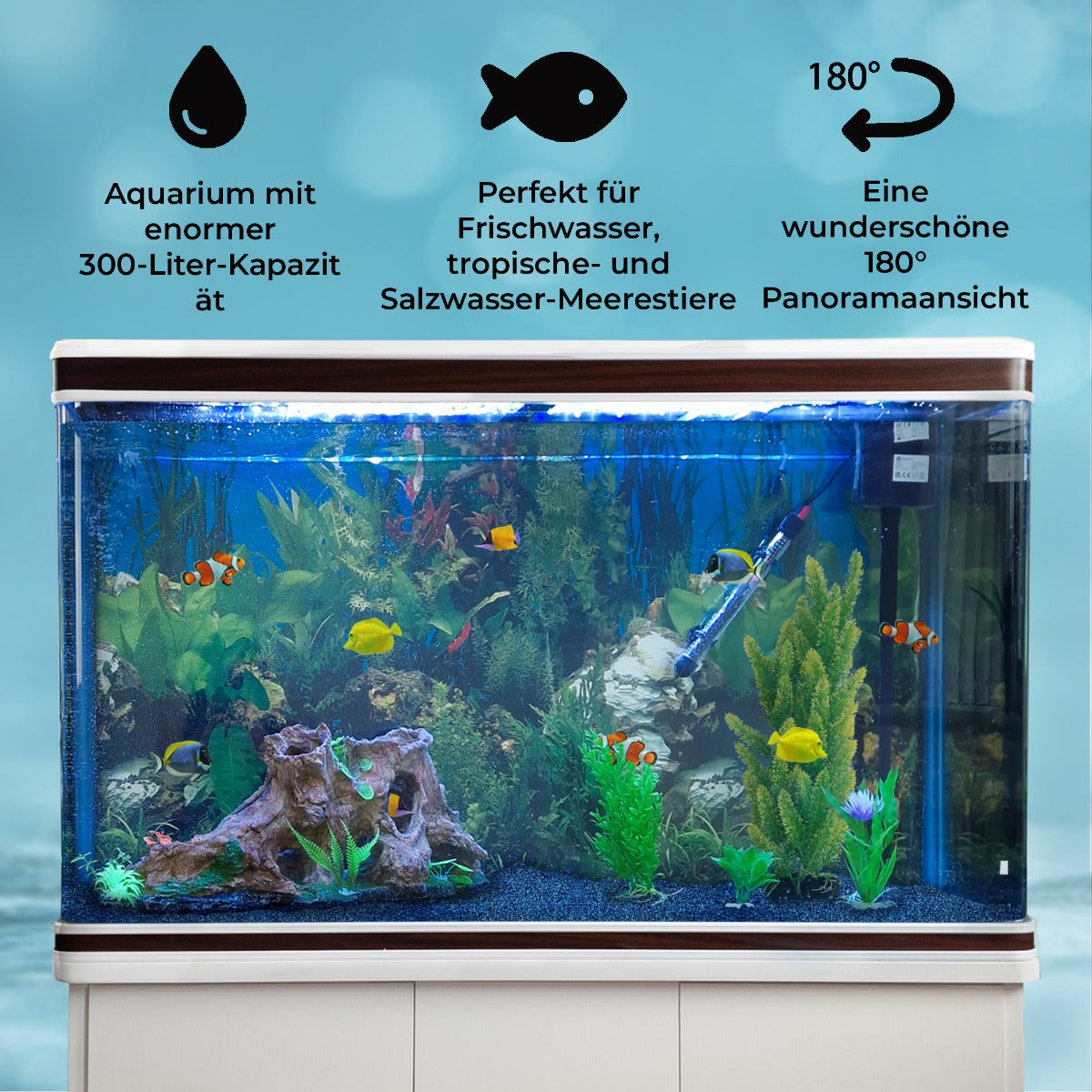 300L Aquarium Komplettset mit Unterschrank, blauer Kies, lebendige Pflanzen, bunte Fische und 180° Panoramasicht auf eine Unterwasserlandschaft