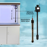 300L Aquarium Komplettset mit Unterschrank, blauer Kies, effiziente Luftpumpe und abnehmbarer 300W Heizer, modernes Design in Weiß und transparentem Glas