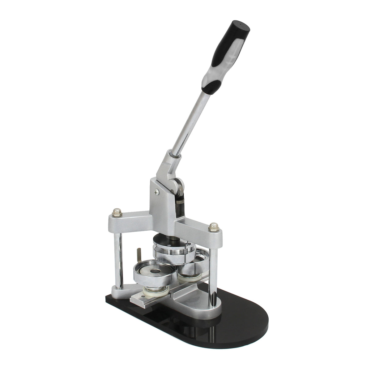 Robuste PixMax 58mm Button Presse aus silbernem Metall mit schwarzem Standfuß, ideal zum Herstellen von Abzeichen und Buttons in verschiedenen Designs