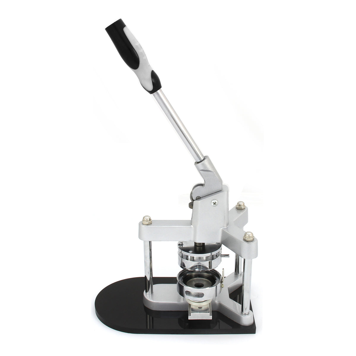 Hochwertige PixMax 25mm Buttonmaschine mit silbernem Metallrahmen, schwarzem Kunststoffsockel und ergonomischem Griff für einfaches Bedienen