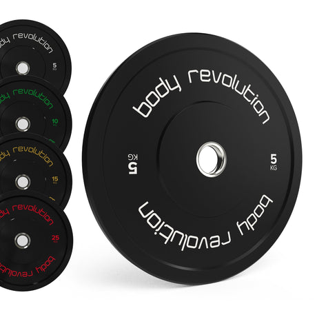 Schwarzes Bumper-Platten-Set von Body Revolution mit verschiedenen Gewichten, darunter 5 kg, 10 kg, 15 kg und 25 kg, ideal für das Gewichtstraining