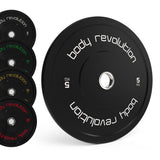 Schwarzes Olympisches Bumper-Set von Body Revolution mit verschiedenen Gewichten, darunter 5 kg, 10 kg, 15 kg und 25 kg, ideal für das Krafttraining
