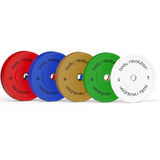 Buntes Set aus Olympischen Gummigewichten mit verschiedenen Farben: rot, blau, grün, gelb und weiß, ideal für Krafttraining und Fitness