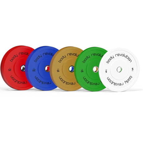 Fünf Olympische Gummischeiben in verschiedenen Farben: rot (20 kg), blau (15 kg), grün (10 kg), braun (5 kg) und weiß (2,5 kg) mit klarer Beschriftung