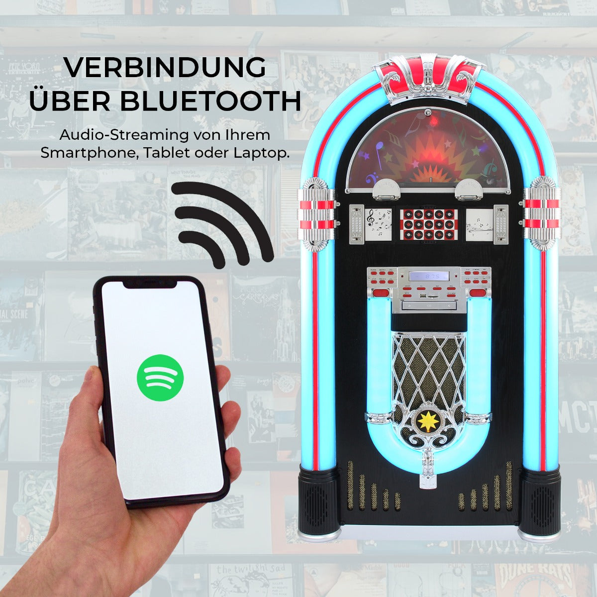 Retro Jukebox in bunten Farben mit leuchtenden Neonlichtern, Bluetooth-Verbindung für Audio-Streaming von Smartphone oder Laptop