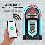 Retro Jukebox in bunten Farben mit leuchtenden Neonlichtern, Bluetooth-Verbindung für Audio-Streaming von Smartphone oder Laptop